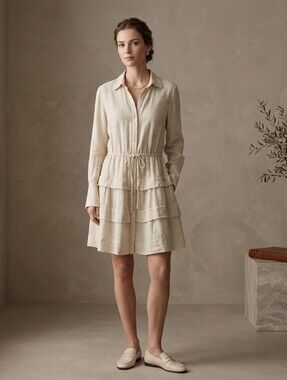 ​100% Capri Linen Tiered Shirt Dress Herringbone Quiet Luxury, Resortwear